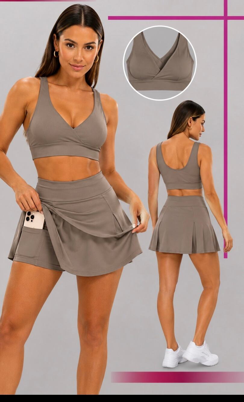 Women’s Taupe Athletic Skort Set with Built-In Shorts & Phone Pocket